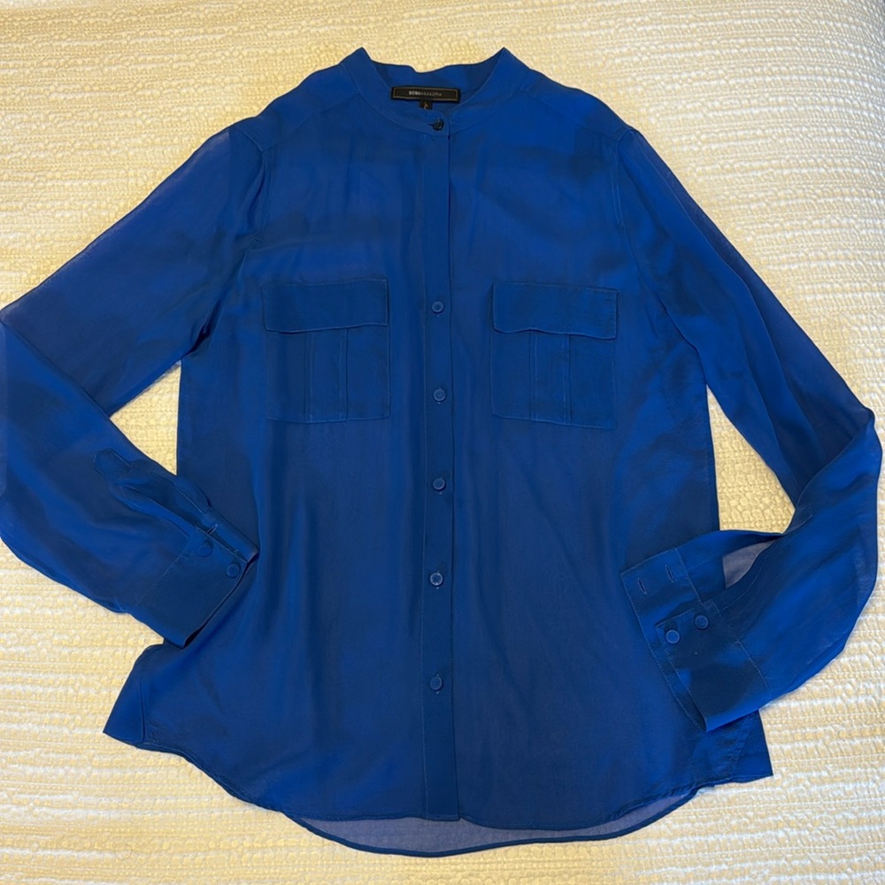 BCBG “Anderson” Sheer Button Top with Breast Pockets